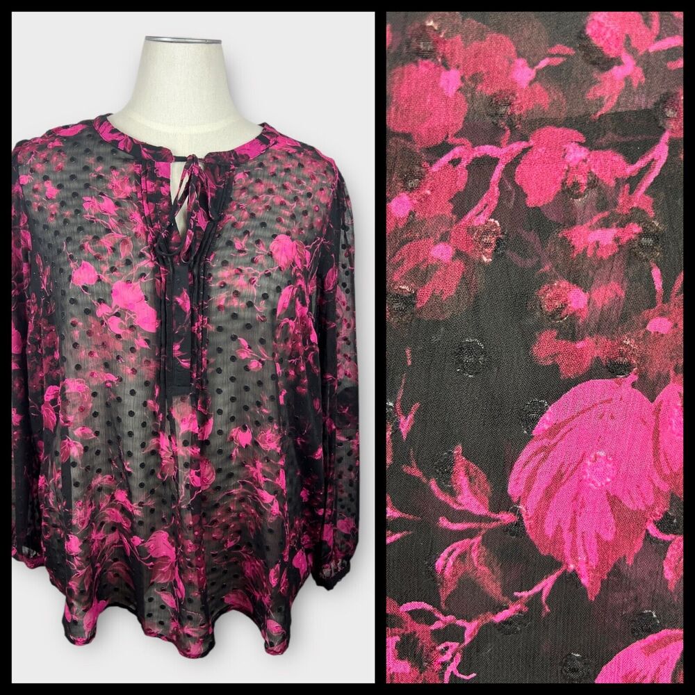 Torrid 2X Black Sheer‎ Floral Velvet Dot Blouse Dark Romantic Gothic Top